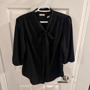 Anthro Femme Black Tie-Neck Blouse | Sheer 3/4 Sleeve | L